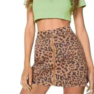 We The Free JEAN SKIRT 28 ORANGE BLACK Animal Print FRONT ZIP MINI DENIM TAN